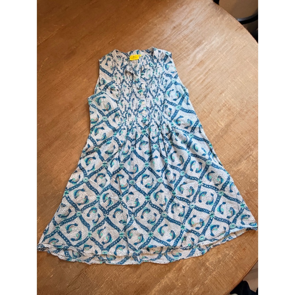 Roller Rabbit Blue Fish Block Print 100% Cotton Pintuck Sleeveless Dress XS